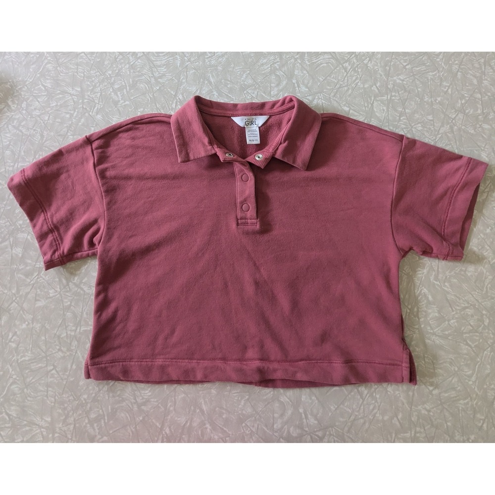 Athleta Girl Pink Cropped Polo Shirt Kids Size M 8-10 French Terry Snap Button‎